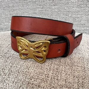 Vintage Leather Belt With Solid Brass Butterfly Buckle